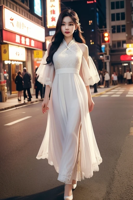 Young temperament asian woman in long dress walking in the city,Cute expressions,long whitr hair,frontage,Cinematic graphics,super ultra detail,Best quality,