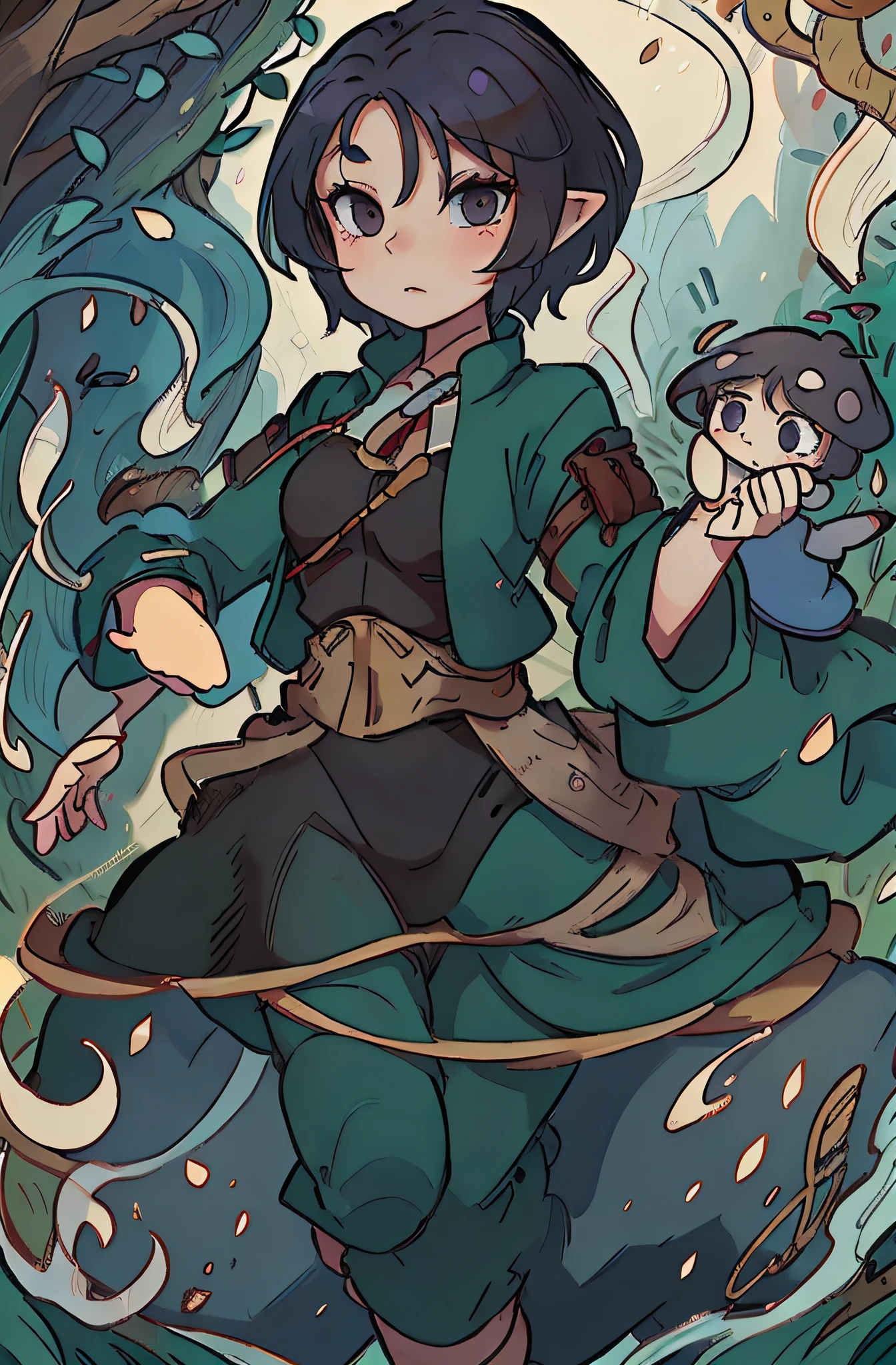 Mushroom elves，Dressed in Chinese brown clothes with Tibetan elements，green color、Yellow and red headdresses，Black hair，Lives deep in the forest，Cartoony，Cute，Lovely and magical，character  design，Wonderful