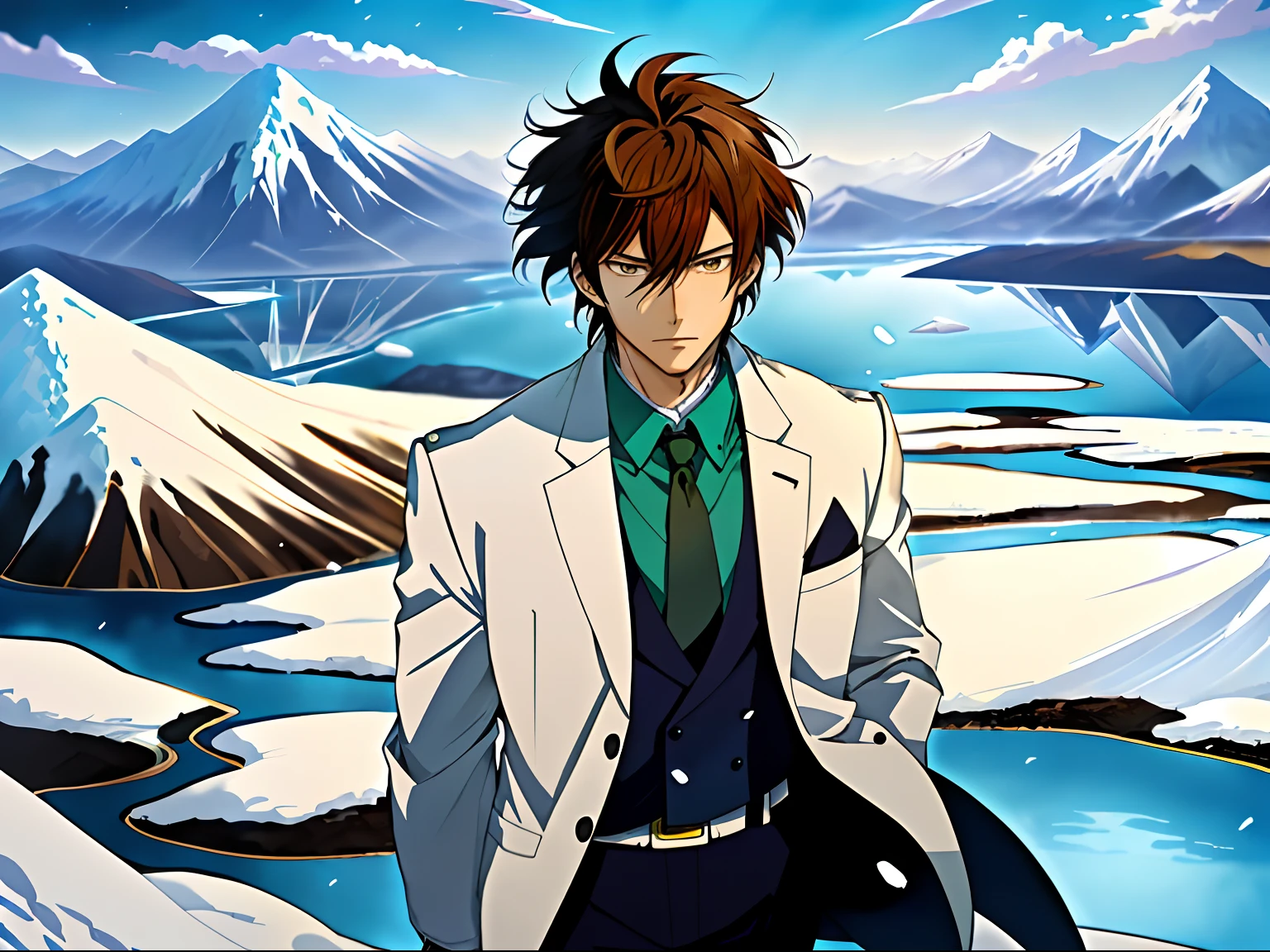 Anime image of a brown-haired man in a white suit and blue tie standing under a snowy mountain,by lake, Shinkai sincerely, New Xiangcheng, Honest, ryuta ueda artwork, offcial art, Anime handsome man, inspired by Hisui Sugiura, koyoharu gotouge, inspired by Okumura Togyu, hijikata toushirou, makoto kano