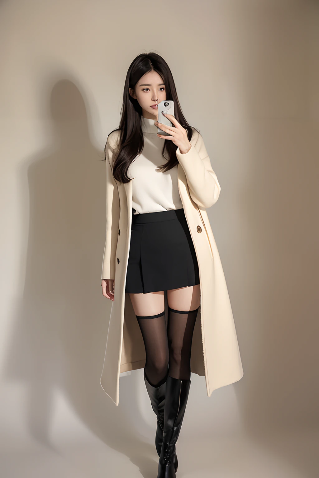 Mirror in the room，long leges，Full body photo，blackstockings，skirt suit，boots，Sweaters，best qualtiy，tmasterpiece，超高分辨率，（真实感：1.4），RAW photogr，Photorealistic、Photography、masutepiece、top-quality、high resolution, delicate and pretty、face perfect、Beautiful detailed eyes、Fair skin、Real human skin、pores、((Thin legs))、(Dark hair（perfect bodies：1.1），long whitr hair，（dynamicposes），((Dynamic background((volumettic light：1.3))，coat large，a skirt，Bare-legged artifact，Boots，fully body photo，standing straight，Take a selfie with your phone，masutepiece、top-quality、high resolution, delicate and pretty、face perfect、Beautiful detailed eyes、Fair skin、Real human skin、pores、((Thin legs))、(Dark hair)