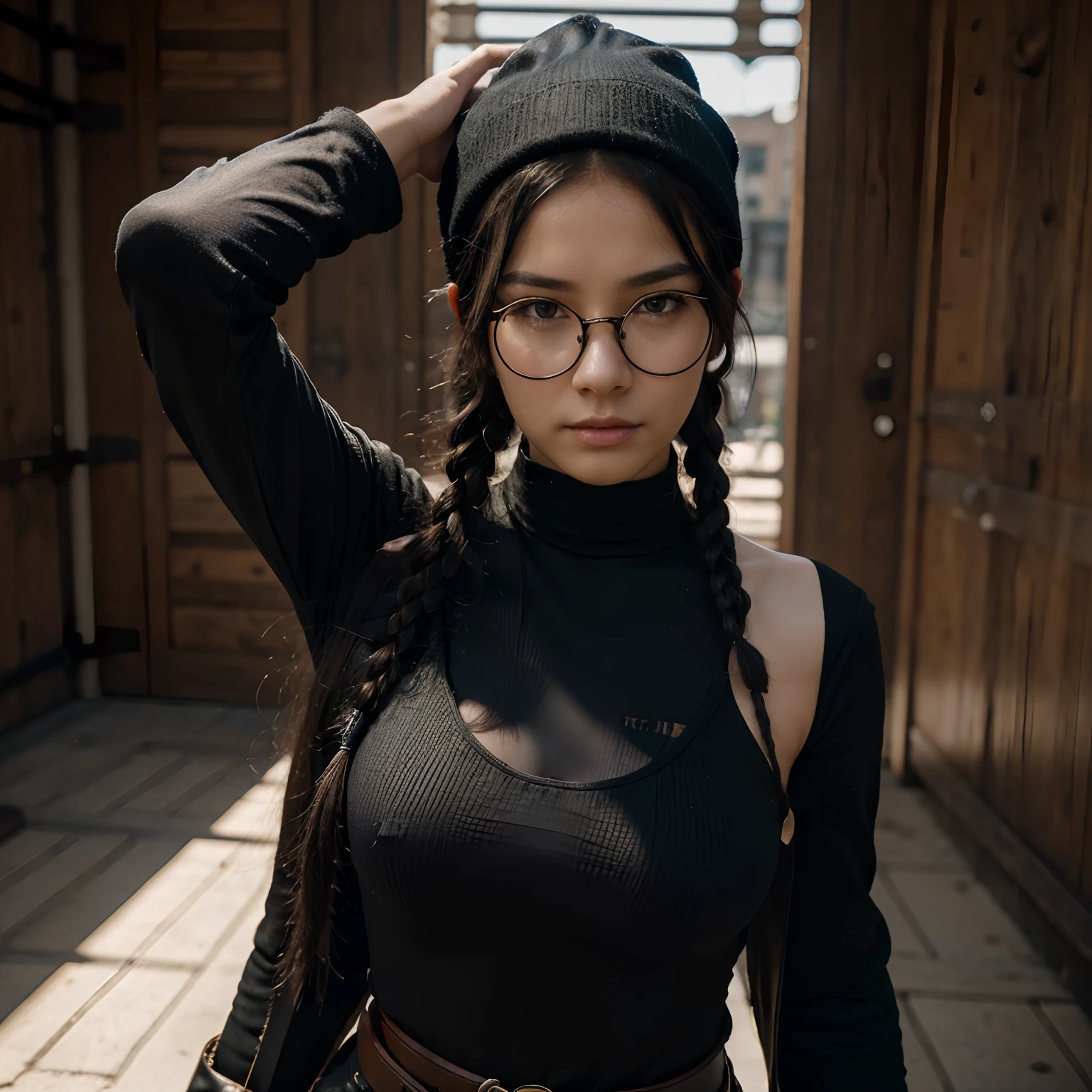 masterpiece, high quality cg, anime, illustration, best quality, 1girl, bound, bondage, beautiful face, detailed face, cowboy shot, dokkaebi, 1girl, solo, looking at viewer, black hair, braid, glasses, black gloves, belt, pants, black eyes, twin braids, streaked hair, black headwear, bodysuit, black pants, round eyewear, black bodysuit, beanie, hair behind ear,