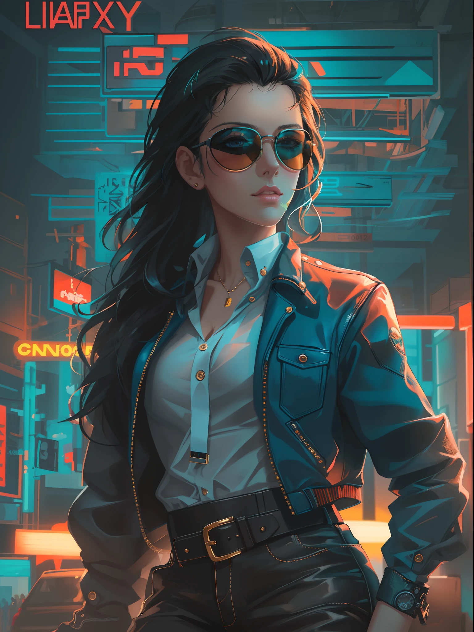 Cowgirl holding a blank banner Amish clothing shirt oversized pants Stunning eyes Stunning face Creamy hair Gorgeous hair Cowgirl outfit Stunning clothes Charming colours Amazing colors Very detailed and beautiful Sun background Sun glasses With her nerdy friend and glamorous background, amazing wallpaper, Liv Tyler, Salma Hayek, highly detailed and beautiful wallpaper, HD image - auto fonts - neon fonts,, , neon blue, neon in different colors, cyberpunk,, Colorful neon lights