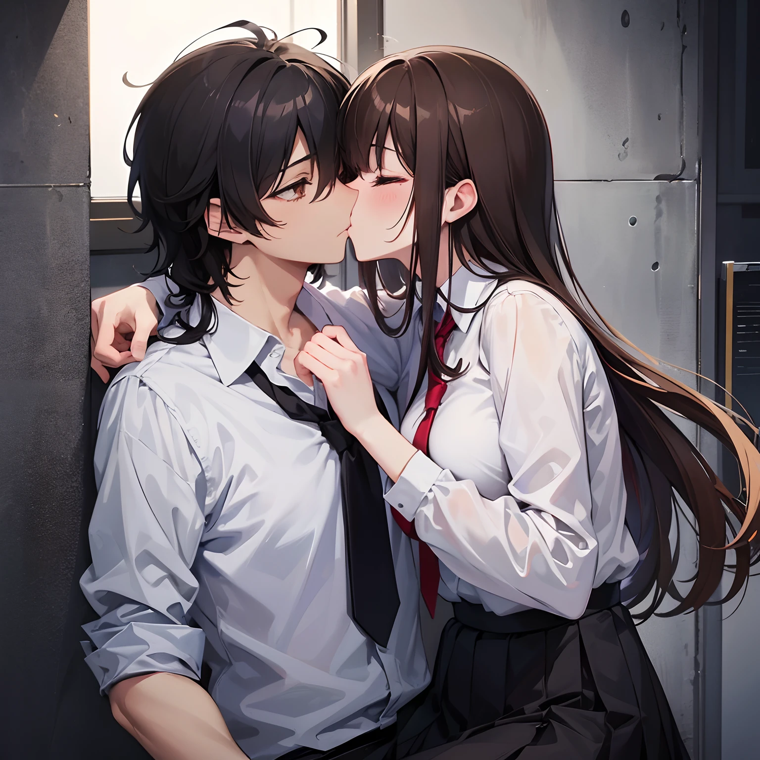 （masterpiece) high details, a male and female wearing school uniform, masutepiece）（high-detail）Male and female couples in their 20s、1 male, 1 female、Light 、During a kiss、Romance for women、Glossy atmosphere、Glossy look、ks、embracing each other、femele（Brown hair semi-long、negligee）closing eye、Sweet sigh、male people（black hair shorthair、Y shirt、Untied tie、legs showing）Close your eyes strongly、Background with、deep in the night、Darker, female was shocked, male kiss her against a wall,