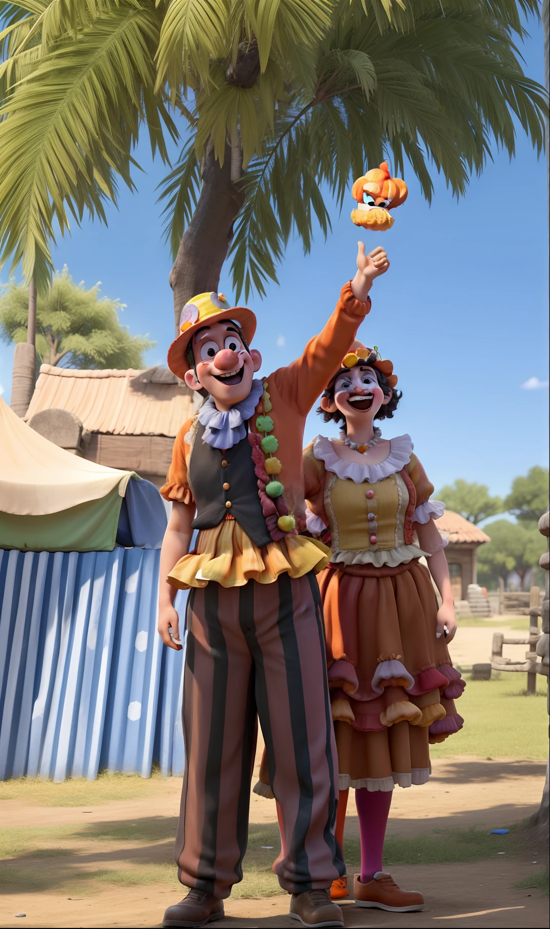 Obra-prima, de melhor qualidade. A clown in an orange poop hat, and a clown, Presenting in a square.