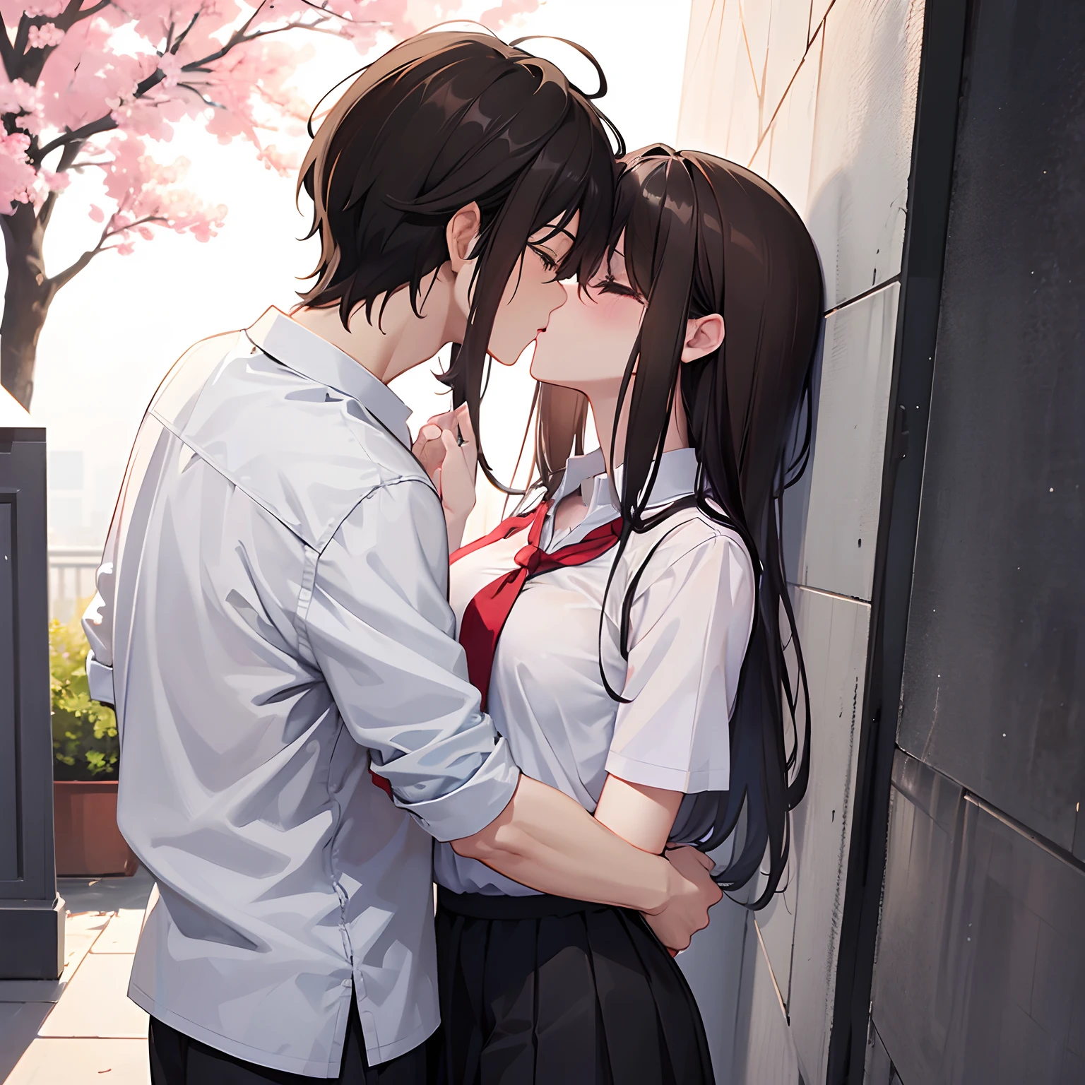 （masterpiece) high details, a male and female wearing school uniform, masutepiece）（high-detail）Male and female couples in their 20s、1 male, 1 female、Light 、During a kiss、Romance for women、Glossy atmosphere、Glossy look、ks、embracing each other、femele（Brown hair semi-long、negligee）closing eye、Sweet sigh、male people（black hair shorthair、Y shirt、Untied tie、legs showing）Close your eyes strongly、Background with、deep in the night、Darker, female was shocked, male kiss her against a wall,