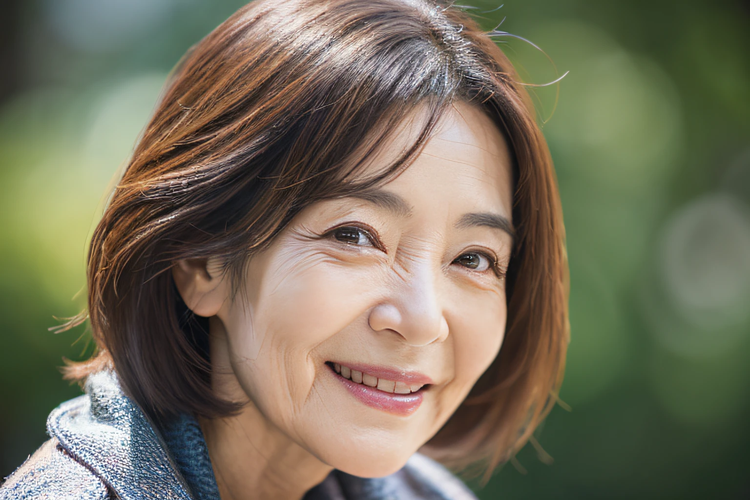 from the chest up,Wrinkles around the eyes,Wrinkles in the mouth,Deep wrinkles,Best Quality, Ultra-detailed, Photorealistic, super detailed skin,The face is facing forward,age 40s,Korea person,A smile,short-hair,Solo
