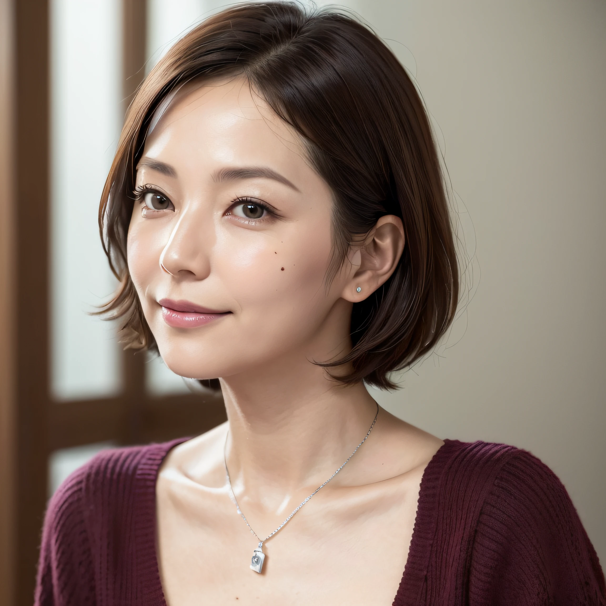 (8K, top-quality, masterpiece:1.3, 超A high resolution, A hyper-realistic), High Detail, (Face like the real thing), Photorealsitic, Raw foto, ((one beautiful women)), Detailed face, beautidful eyes, realisticeyes, Eyes in Beautiful Details, (real looking skin), Beautiful skins, enticing, depth of fields, hight resolution, High pixel count, ((Sideways face, Looking away, Don't look your audience in the eye, Don't look at the camera)), fashionable cafe, The background is also in the picture, clear details, sharp photo, Natural color reproduction, Noise Reduction, High fidelity, Small pendant in silver color, A small necklace in silver color, (Wine-colored light knit U-neck shirt, Neat and clean clothing, Clothing that makes it difficult to see the chest, Clothing that makes it difficult to see the chest, Clothes with hidden breasts), small tits, Sexy lips, Ears are visible, a smile, kindly smile, Beautiful skins, enticing, the golden ratio, (Detal Face:1.2), profetional lighting, Lighting the face, best light, japanes, A Japanese Lady, Japan Mature Woman, a matural female, Short Bob Hair, ((sixty years old, Beautiful, Wrinkles on the face, Wrinkles at the corners of the eyes, Nasolabial fold wrinkles, Small wrinkles, Beautiful, Beautiful Aunt, Moderate moles, Small mole on the face))