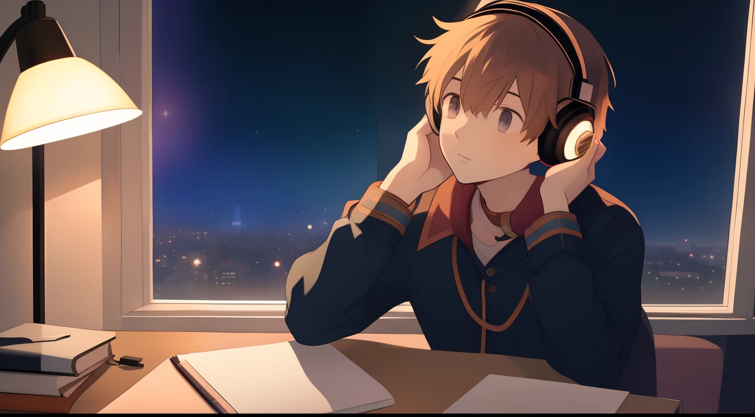 Male anime character sitting with headphones, lofi artstyle, digital anime illustration, detailed 2d illustration, lofi art, 2d illustration, 2d illustration, illustrative animation style, background window, night with lamp, night, stars in window, distant image of character, ultra detailed, (looking up), (looking up), (studying), no pencil.