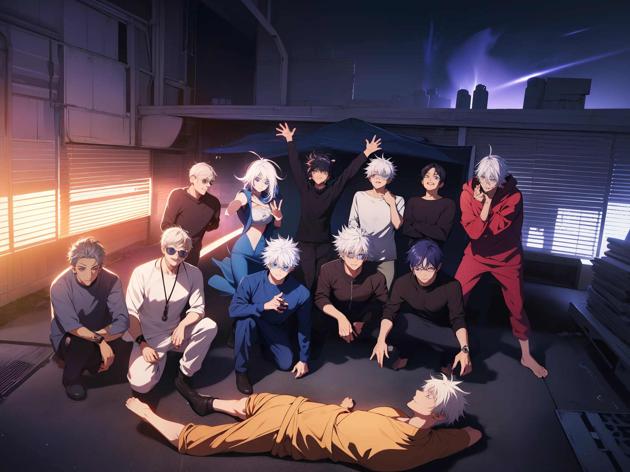 ((high detailing、Cinematic lighting))、messy white hair、Aquamarine eyes、White lashes、god rays、Ray tracing、drop shadow、optical illusion、The upper part of the body、Looking at the camera、masutepiece、((Super Detail、Best Quality、8K))、Jujutsu Kaisen、Gojo Gojo、Black attire、Surgical unfolding、Perfect jet black background、serene expressions、powerful being、mystic atmosphere、(Strange moonlight、ominous shadows、 Intense blue aura、 Intense red aura、Symbol of the power that surrounds him、Radiating magical energy、Mystical artifacts、Ether particles、dynamicposes、Epic soundtrack、(((Detailed hand)))、Lunette de soleil