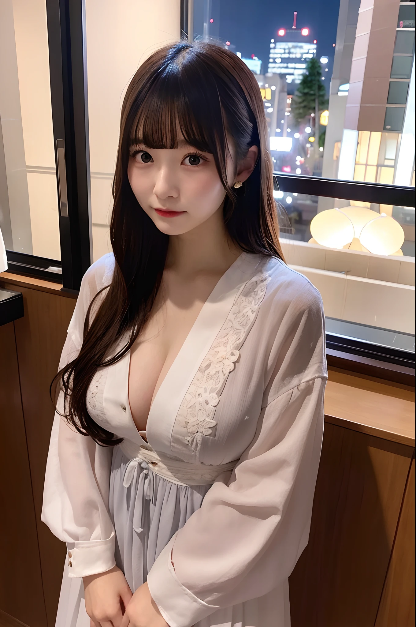 huge tit、g-cup、20yr old、japanes、Wearing a neat dress、Standing in a hotel room at night、There is a window in the back with a view of the night view