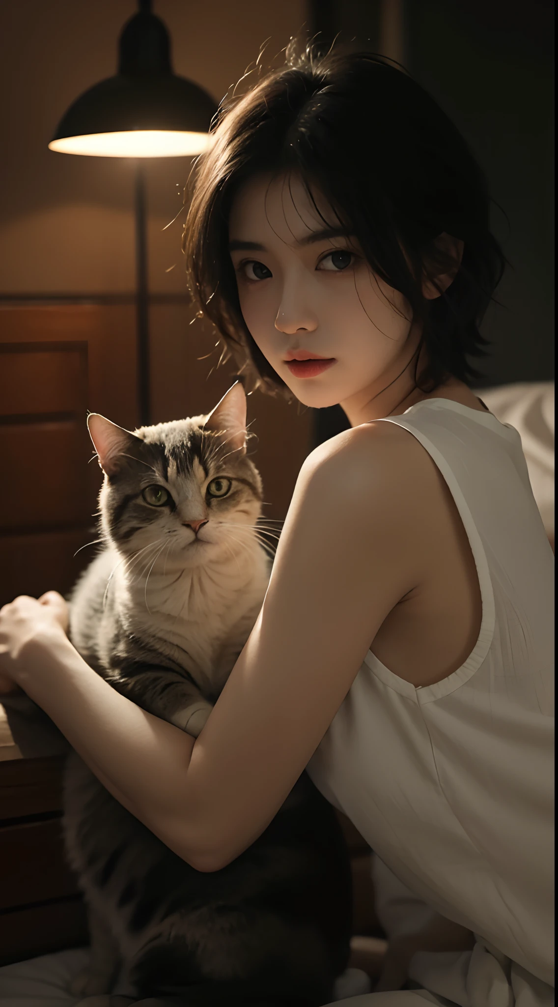 best qualtiy， tmasterpiece， 超高分辨率， （realisticlying：1.5）， RAW photogr， 1 cat， adolable， in the darkness nigth， deep shading， low tune， cold light， Sexy look， short hairs