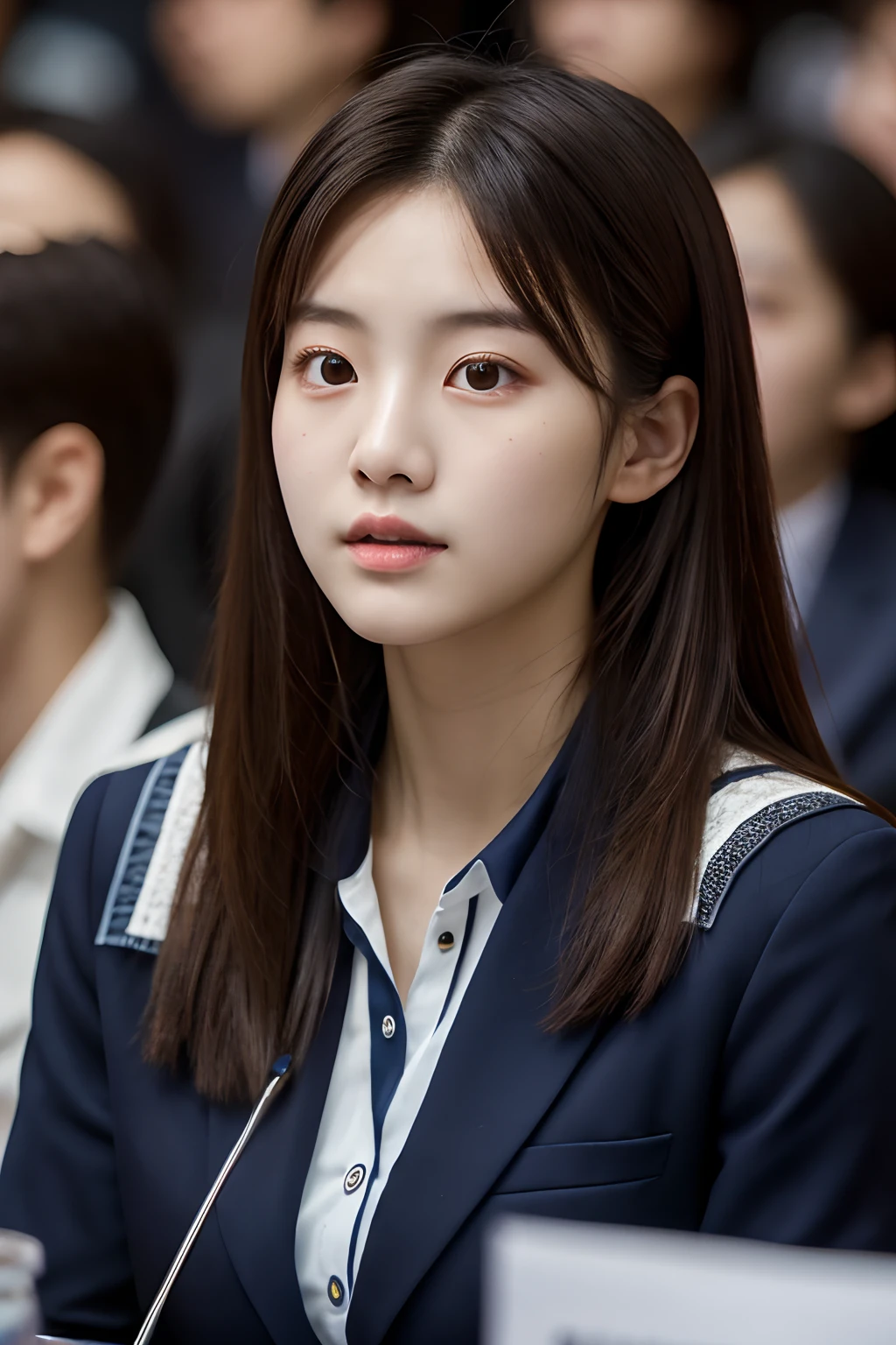 4k, high-res, best quality, (Korean idol), finely detailed skin, smooth face, sharp focus, (cinematic lighting), soft lighting, dynamic angle, [:(detailed face:1.2):0.3], A young Korean woman attends a university lecture in a preppy uniform, skm_yeon