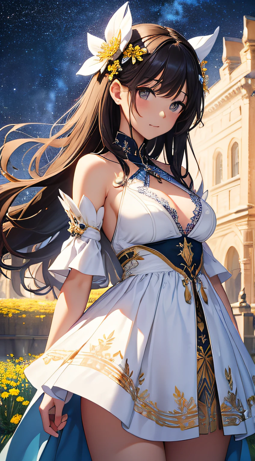 masterpiece、Background with((Fantastic starry sky、kosmos、Meteor swarm、Luminescent yellow flowers all over the place、flower field))、About 30 years old、a beauty girl、huge tit、Great embroidery on a white mini dress、No Shoulder、She wears her hair in a beautiful floral ornament、heavy wind、Hands behind your back so you can see your sides
