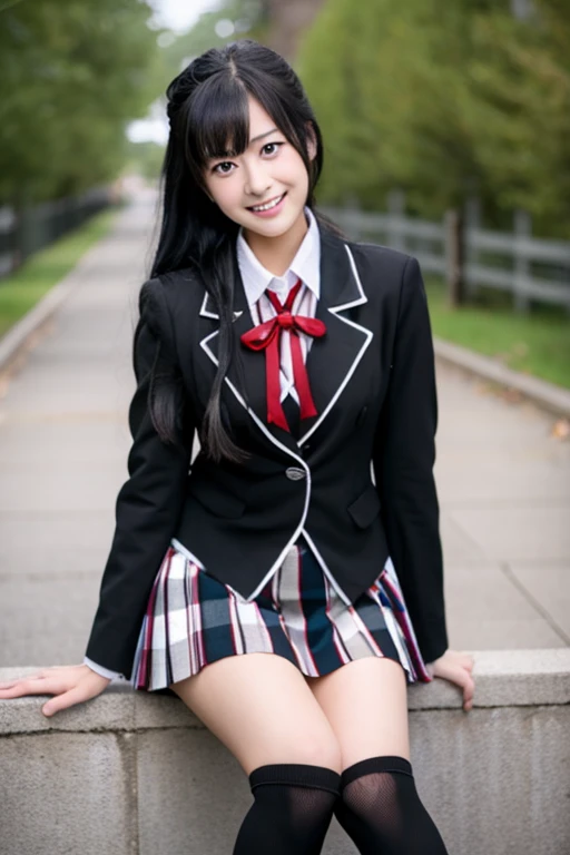 Kawaii Girl,japanes,15yo student、​masterpiece、Full Body Display、Full body posture、facing the front there,８K、Wearing a blazer uniform and short pleated skirt、squatting,legs wide open、With the best image quality、beautiful a girl, cute little,Black hair,poneyTail、 hight resolution, ultra-detailliert, finely detail, ighly detailed, extremely detailed eye and face, Sharp pupils,teenage girl squatting,In ultra-high resolution,Cute smile, Cinematic lighting,tranquil atmosphere、Beautiful fine details,extremely detailed eye and face、Smiling