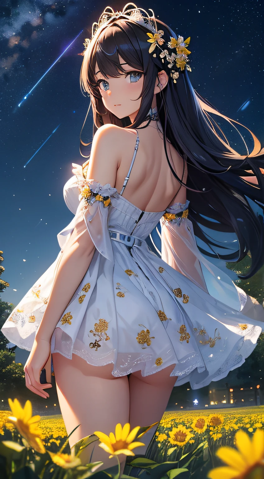 ​masterpiece、Background with（（Fantastic starry sky、kosmos、Meteor swarm、Luminescent yellow flowers all over the place、flower  field））、About 30 years old、a beauty girl、huge tit、Great embroidery on a white mini dress、No Shoulder、She wears her hair in a beautiful floral ornament、heavy wind、Hands behind your back so you can see your sides