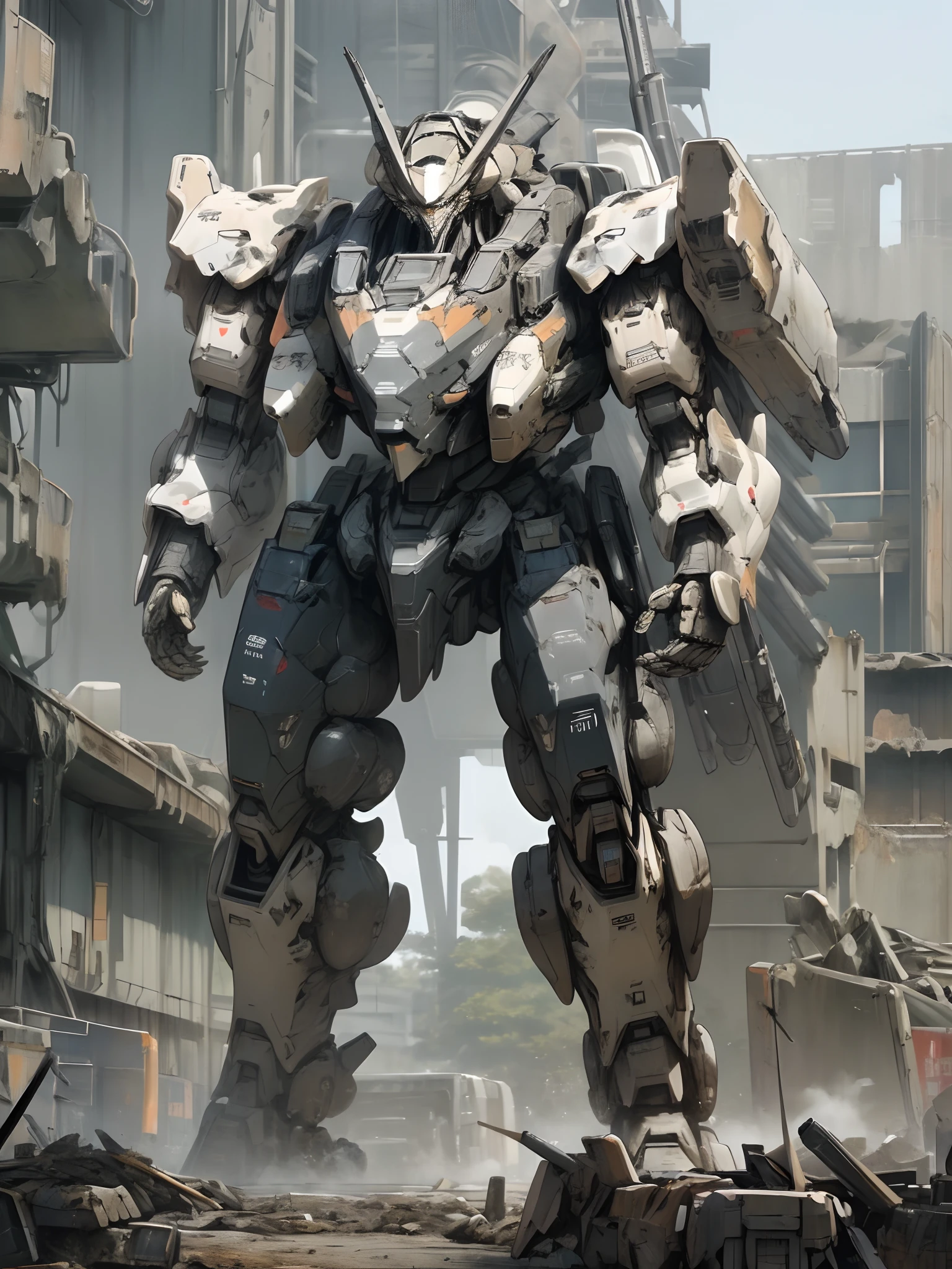 armored core style, huge robot, ruins,