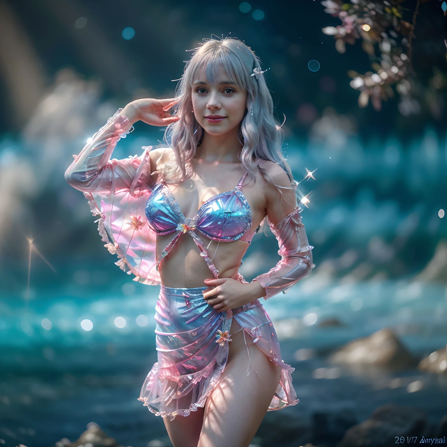 a beautiful young woman is standing on the beach,smile with eyes open, Crystal spring flower, Pink white gradient, water drop, Fantastical, galaxies, Transparent, Light blue leaves, brilliance, aqua, colorful, Magical photography of light blue leaves, dramatic illumination, Photo realism, Ultra detailed, depthoffield, high resolusion, parted bangs, silver hair, Sparkle, god rays, projected inset, from above, 4k, anatomically correct, UHD see through pink gown