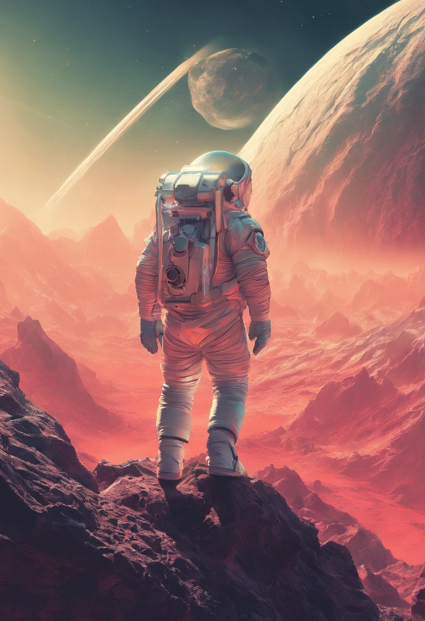 Astronaut climbing a mountain，There is a planet in the background, lonely astronaut, Detailed astronaut, space astronaut, fully space suited, an astronaut in space, an astronaut in space, Lunar astronauts, Astronauts below, Astronauts stranded on the planet, key art, stefan koidl inspired, Inspired by Władysław Stzzeminski, Cinematography Concept Art, inspired by Mike Winkelmann, Weta, Inspired by Marius Borgeau, Authors：Matthias Koloto （depth of fields）, Cinematic lighting, Ray tracing, Mosaic Art, 16 K