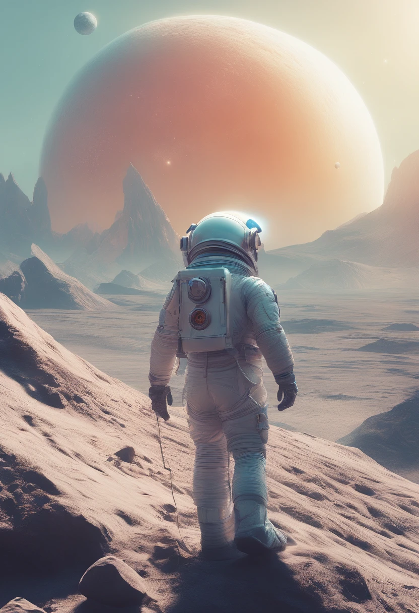 Astronaut climbing a mountain，There is a planet in the background, lonely astronaut, Detailed astronaut, space astronaut, fully space suited, an astronaut in space, an astronaut in space, Lunar astronauts, Astronauts below, Astronauts stranded on the planet, key art, stefan koidl inspired, Inspired by Władysław Stzzeminski, Cinematography Concept Art, inspired by Mike Winkelmann, Weta, Inspired by Marius Borgeau, Authors：Matthias Koloto （depth of fields）, Cinematic lighting, Ray tracing, Mosaic Art, 16 K