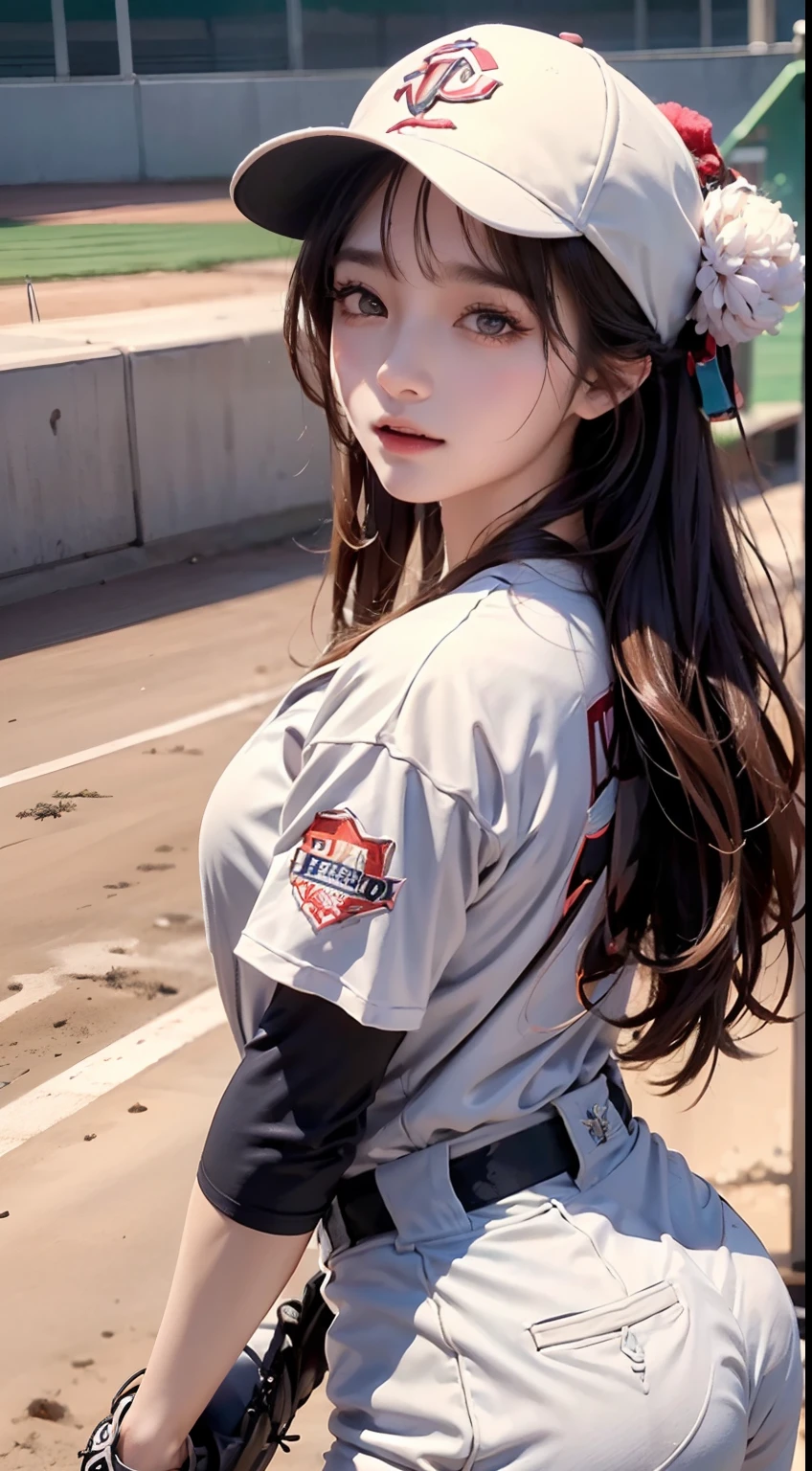 A female baseball player pitches,Baseball in hand(1.5),Batting dynamics,Correct ergonomics(1.5),tmasterpiece,top Quority,super wide shot(1.5)(realisticlying,realisticlying:1.4),(RAW photos:1.4),Very delicate CG Unity 8K wallpaper,very delicate beautiful,Mann pays attention to detail,offcial art,Beautiful eyes and face(1.5),Beautiful exquisite eyes,light in face,one-girl,long whitr hair,(pompons)nabel,The upper part of the body,Baseball uniforms,He wears baseball gloves on his hands, baseball stadium,