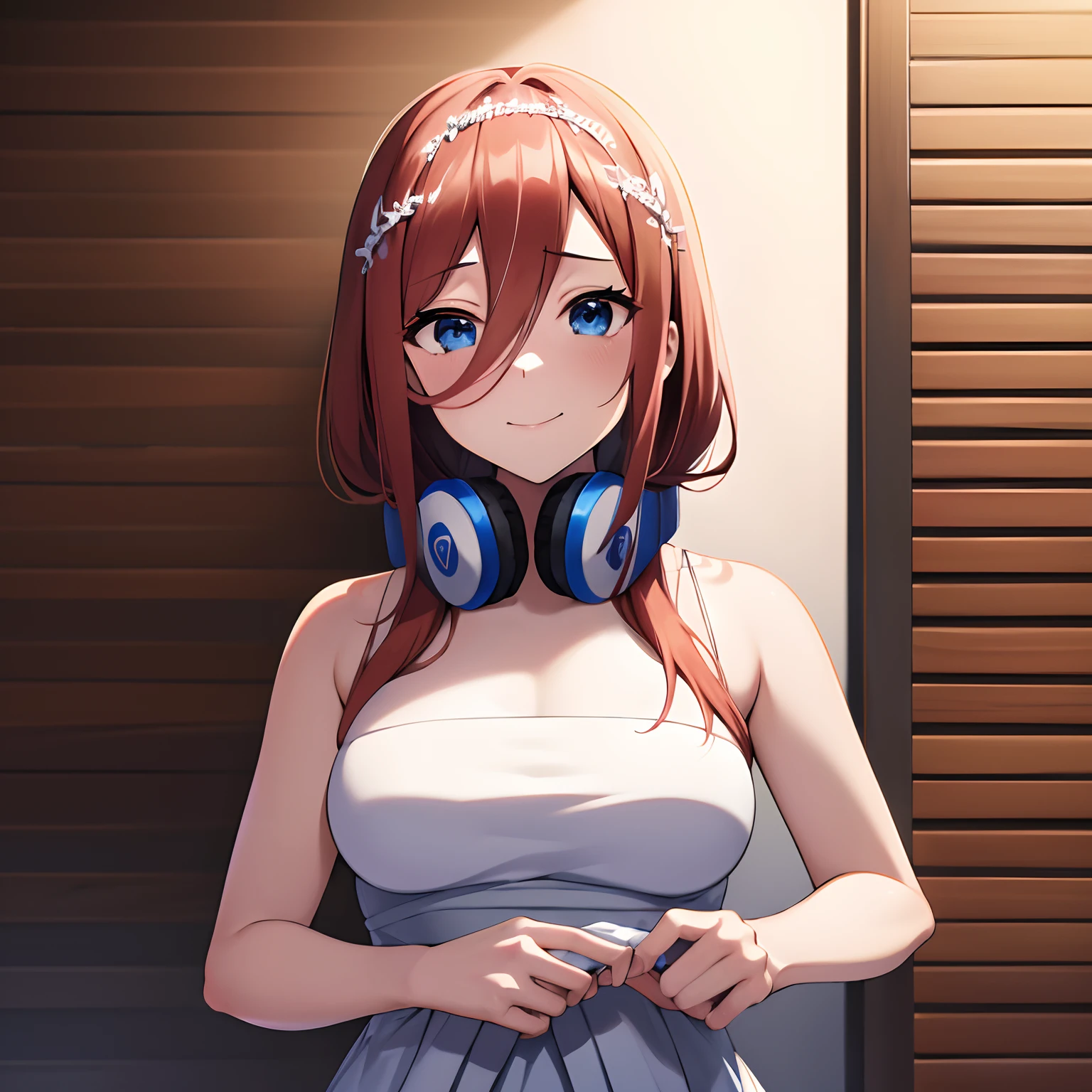 (Highest quality、Masterpiece、Very detailed、4K)、One Woman、、Brown Hair、short hair、(((Nakano Miku)))、headphone、chest、arm、Beautiful armpits、Beautiful navel、Beautiful thighs、(((company employee)))