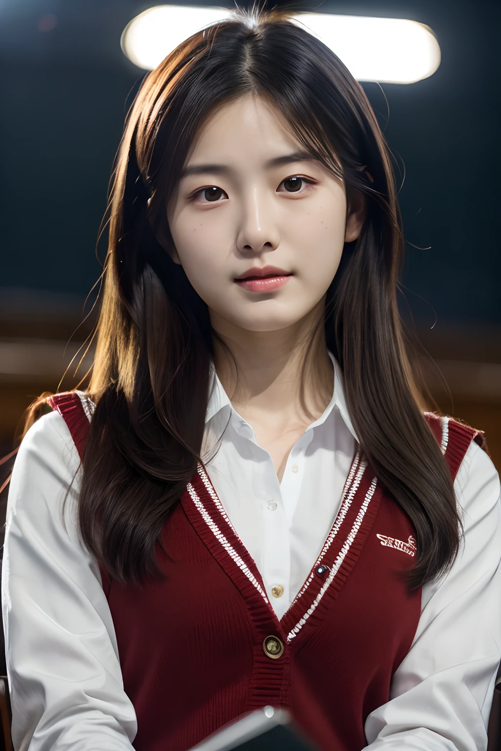 4k, high-res, best quality, (Korean idol), finely detailed skin, smooth face, sharp focus, (cinematic lighting), soft lighting, dynamic angle, [:(detailed face:1.2):0.3], A young Korean woman attends a university lecture in a preppy uniform, skm_misoo