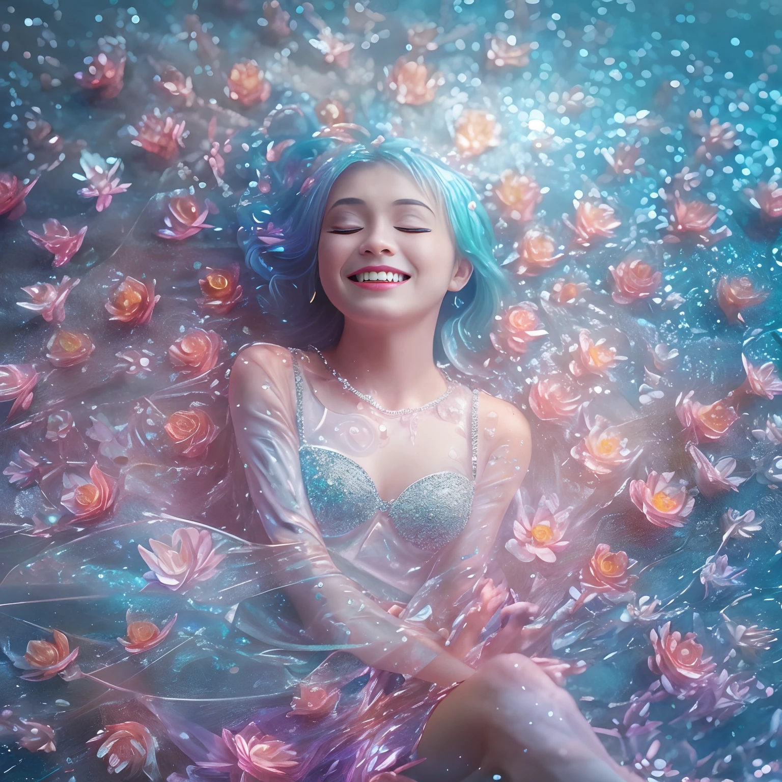 a beautiful girl is sitting on the beach,smile with one eye closed,Crystal spring flower, Pink white gradient, water drop, Fantastical, galaxies, Transparent, Light blue leaves, brilliance, aqua, colorful, Magical photography of light blue leaves, dramatic illumination, Photo realism, Ultra detailed, depthoffield, high resolusion, parted bangs, silver hair, Sparkle, god rays, projected inset, from above, 4k, anatomically correct, UHD