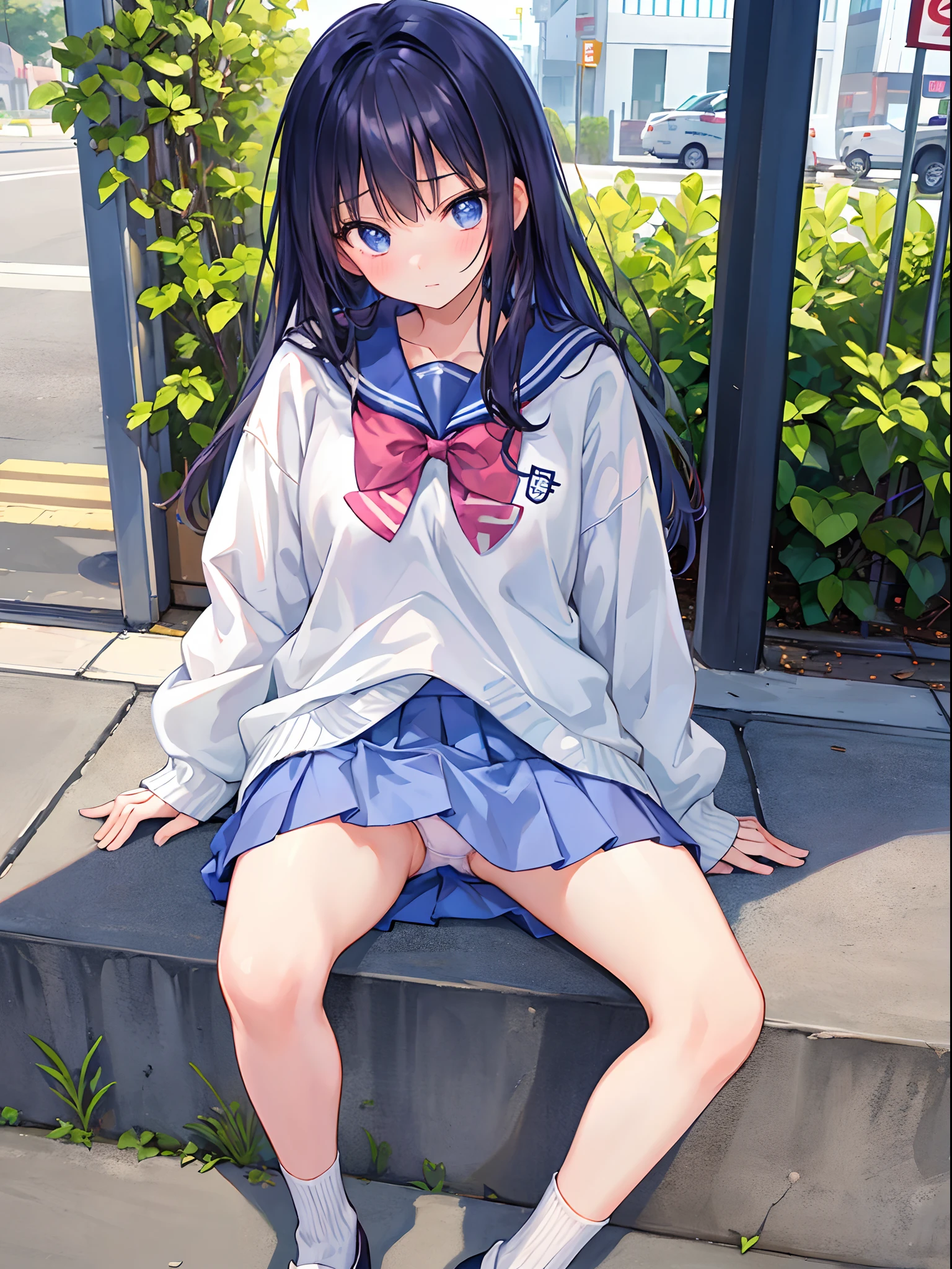 top-quality、masterpiece、1girl in、kawaii、hi-school girl、a miniskirt、Stumble、Sit on the ground with your legs open、Kamimei、Staring at me、A look of embarrassment、Pants are visible、Panties with a variety of patterns