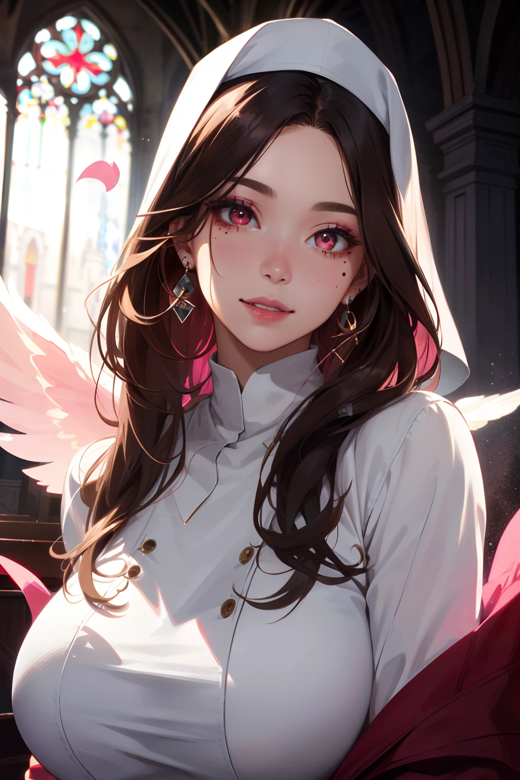 1girl, asymmetrical_hair, ((brown hair)) , eyeshadow, jewelry, lips, long_hair, looking_at_viewer, makeup, mole, mole_under_eye, nose, piercing, realistic, solo, stud_earrings, , pink atmosphere, pink lips, happy, huge hair, lots of hair, big boobs, , juicy lips, detailed eyes, random pose, church, nun clothes, cult clothes, dark, fire, red eyes, smiling, tattoos, wings, wind