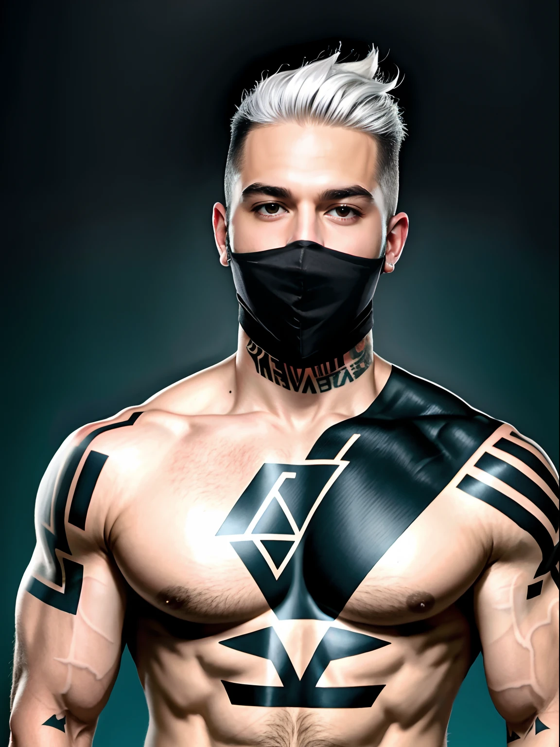 solid color backdrop,One person wearing a ski mask(without a hat!!!),Handsome,rogue,Sense of oppression,fully body photo,Don't take a headshot,Punk head,Hair color is white,upper body bare,tattoo is,musculous,Rule 34
