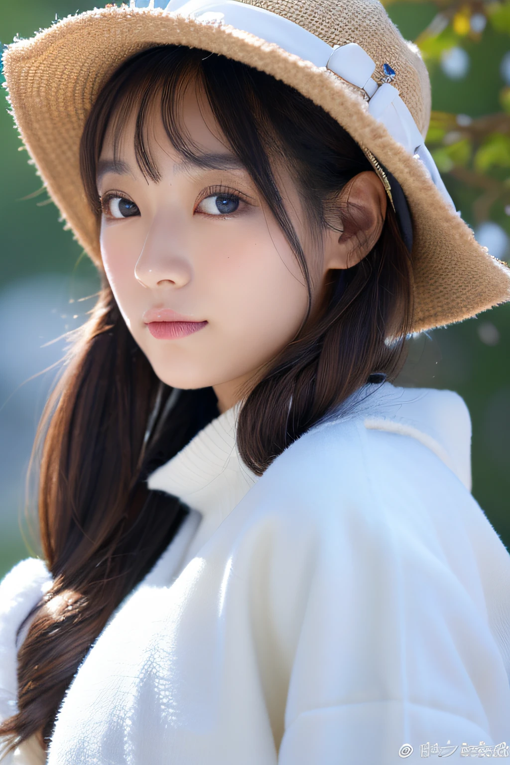 ((top-quality、8K、masuter piece:1.3))、(Beautiful, Realistic Japan),1 female、Winter coat、(爆乳:1.2)、muffler、Yarn hat、gloves、hyperdetailed face、High detailed lips、A detailed eye、二重まぶた 、snowflakes falling、White breath、large tree、naturey、kou、a white world、Daisetsu Mountain、