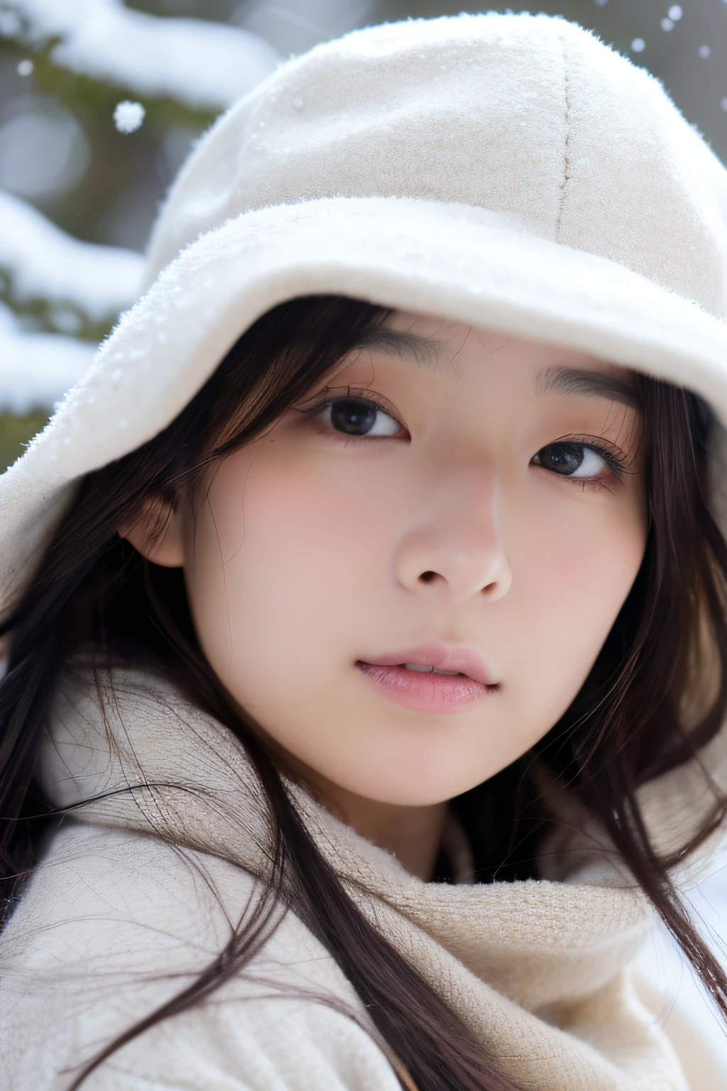 ((top-quality、8K、masuter piece:1.3))、(Beautiful, Realistic Japan),1 female、Winter coat、(爆乳:1.2)、muffler、Yarn hat、gloves、hyperdetailed face、High detailed lips、A detailed eye、二重まぶた 、snowflakes falling、White breath、large tree、naturey、kou、a white world、Daisetsu Mountain、
