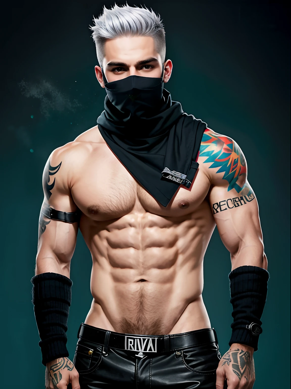 solid color backdrop,One person wears a ski mask(Without a hat!!!),Handsome,rogue,Sense of oppression,Full body photo,Don't take a headshot,Punk head,Hair color is white,Upper body nudity,Tattooed with,Muscular,rule 34