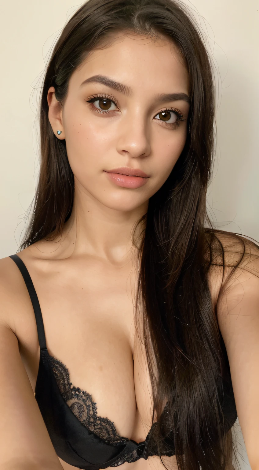 ((qualidade superior, 8k, obra-prima: 1.3)), beleza, mulher latina, olhos azuis, bonito: 1.3, abdominais esguios: 1.1, lingerie preta, decote, cabelo preto, cabelo longo cacheados, (enquanto sentado na cama), rosto ultra detalhado, Highly detailed lips, olhos detalhados
