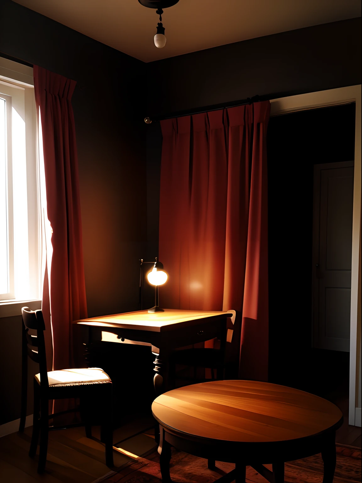 natta antique a room drapes Window Wine Red sundry goods The table a chair Dark wallpaper Painting of a black cat