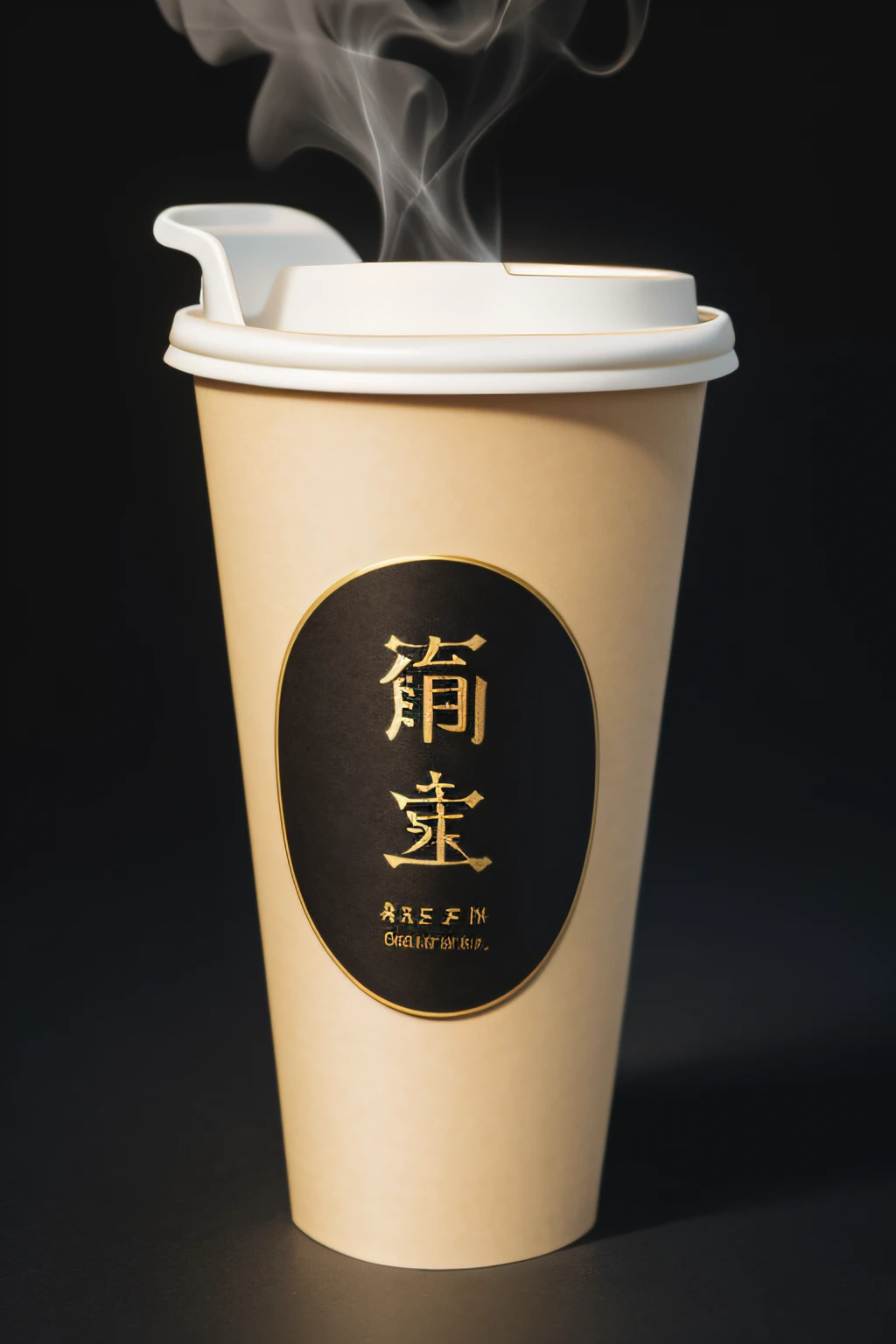 A cup of hot tea in a paper cup, steam:1.2, (paper cup: 1.5), black background, (Masterpiece), (Best Quality), (Ultra high Detailes)