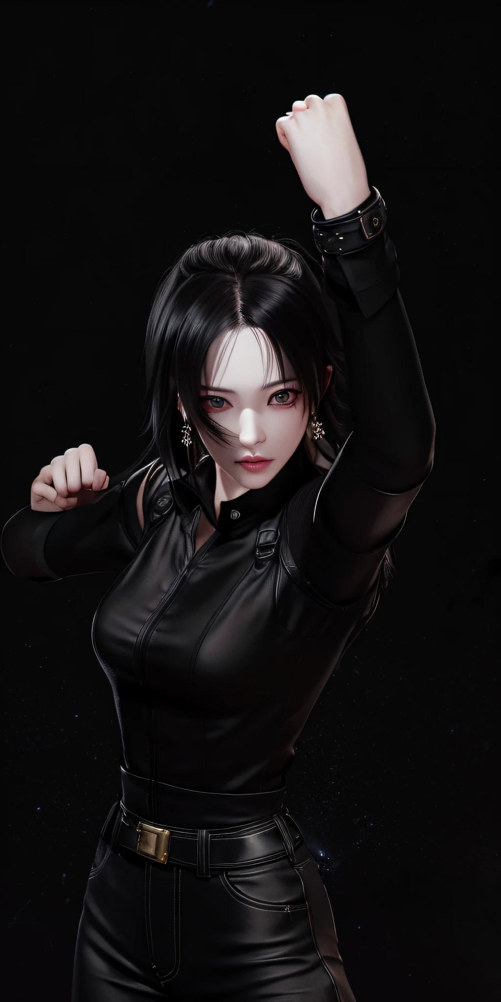 A woman in a black shirt and black pants is posing, Inspired by Sim Sa-jeong, She is dancing. realisitic, Ominous poses, tifa, evil pose, Yomamoto Takato. 4 k, scary angry pose, sui ishida with black hair, Songs inspired by Zhou Wenjing, Girl with black hair, Portrait of Tifa Lockhart, Fighting Pose