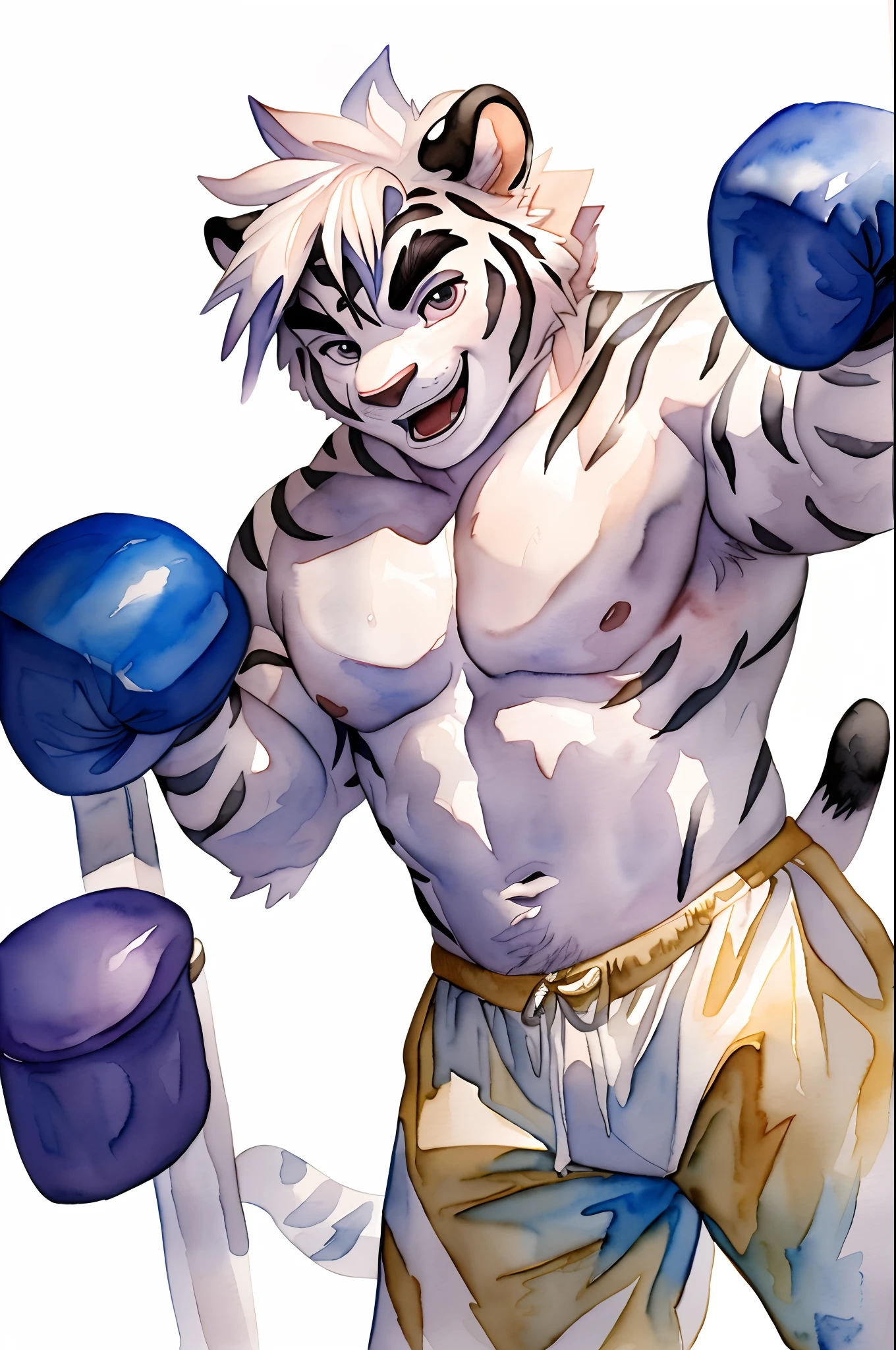 Hominidae, Pose for Camera. 4K, high resolution, Best quality, posted on e621, (Two anthropomorphic white tigers:1.2), Anthropomorphic white tiger, male people, 20yr old, Thick eyebrows, Light blue stripes, Ultra-short hair, shaggy, Strong body, large pecs, ((Shirtless)), They are practicing boxing, Pink milk clusters, sweat leggs, White leggings sweatpants, Small raised, In the gym, (sport, Muscular, Heavyweight:1.2), Correct anatomy, (White background, Watercolor background:1.1), (by Chunie, author:Taran Fidler:0.8), (Detailed eyes:1.2), Sexy, (cel-shaded:1.2), cartoon shading, (aquarelle:1.2), Happy expression, Be red in the face, (view the viewer:1.2)