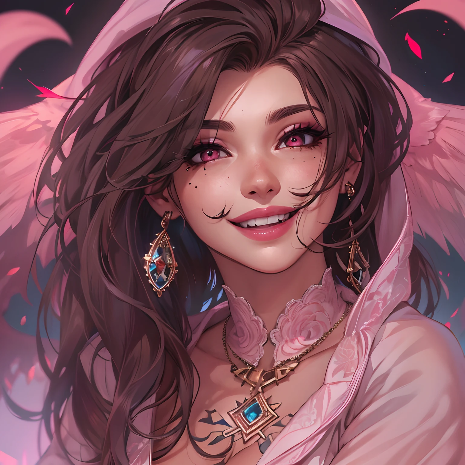 1girl, asymmetrical_hair, ((brown hair)) , eyeshadow, jewelry, lips, long_hair, looking_at_viewer, makeup, mole, mole_under_eye, nose, piercing, realistic, solo, stud_earrings, , pink atmosphere, pink lips, happy, huge hair, lots of hair, big boobs, , juicy lips, detailed eyes, random pose, church, nun clothes, cult clothes, dark, fire, red eyes, smiling, tattoos, wings, wind