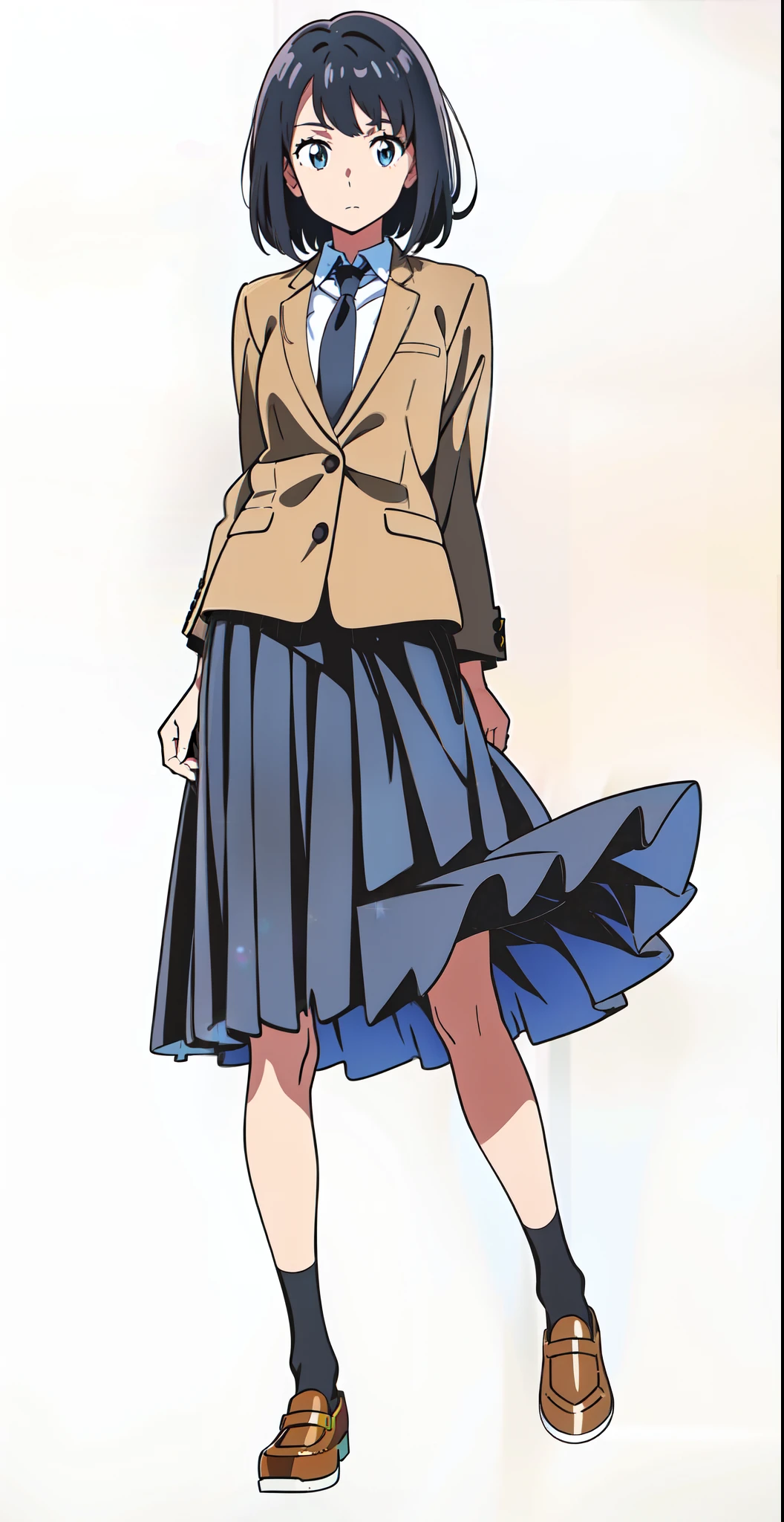 (black skirt:1.5), (anime:1.5), (official art:1.5), (white background:1.0), (best quality:1.0), (masterpiece:1.0), (full body:1.0), (solo:1.0), (a 18yo cute girl:1.0), (long skirt:1.0), (dark blue skirt:1.0), (pleated skirt:1.0), (school uniform beige blazer:1.0), (dark blue necktie:1.0), (black socks:1.0), (loafers:1.0), (ideal ratio body proportions:1.0), (lanky:1.0), (tall:1.0), (slender:1.0), (small breasts:1.0), (smaller face:1.0), (tareme:1.1), (detailed beautiful eyes:1.0), (detailed beautiful face:1.0), (glowing black eyes:1.0), (bob cut hair:1.0), (black hair:1.0)
