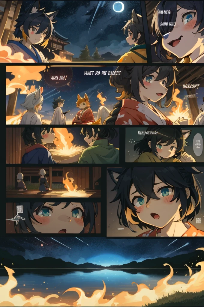 Top quality, Best quality, A high resolution, Masterpiece, Ultra-high resolution, Detailed background, Lake, nigh sky, fire works, Japanese Yukata, 6+Boys, 6+Girls, absurderes(Highly detailed beautiful face and eyes)Perfect anatomy, Good lighting, cinematic shadow(komono, furry anthro)Various expressions, a variety of poses, Various angles, full bodyesbian, Shot, Dynamic Angle(Comic strip layout for girls, Voice balloons, English text, Hand drawn sound effect stickers used in hentai comics),