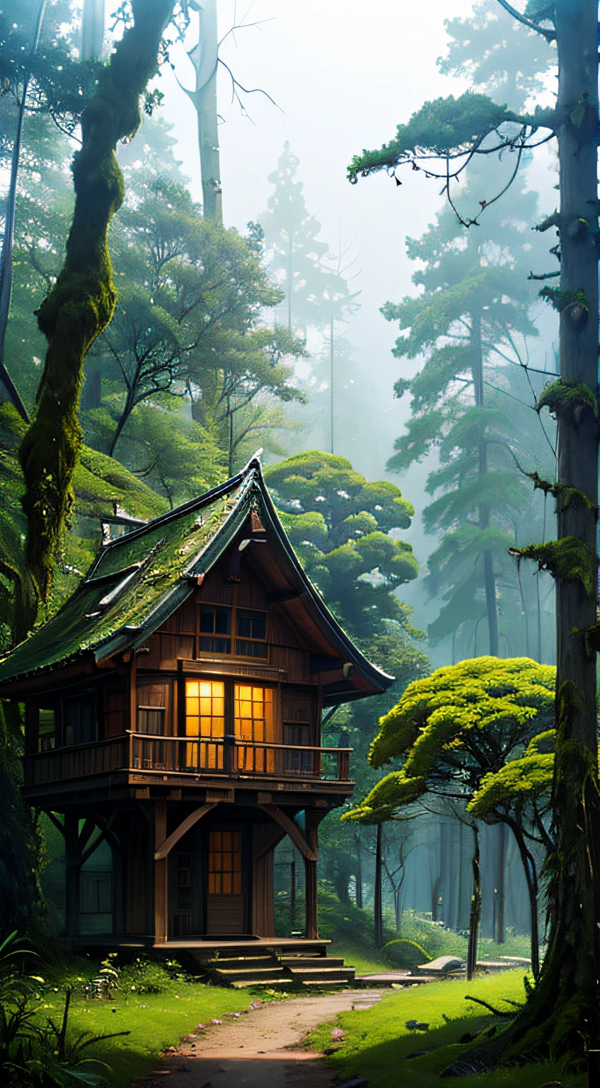 (mont、(In the deep forest、mossy)、Foggy、Disturbing atmosphere)、tree house