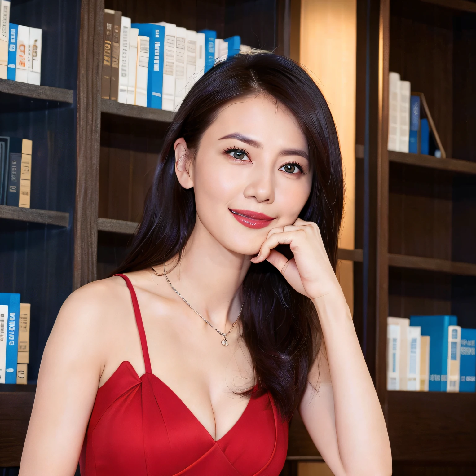 (8k), (photorealistic:1.4),best quality, ultra high res, highly detailed eyes, 1girl, in library, sexy pose, cleavage cutout, fine cloth