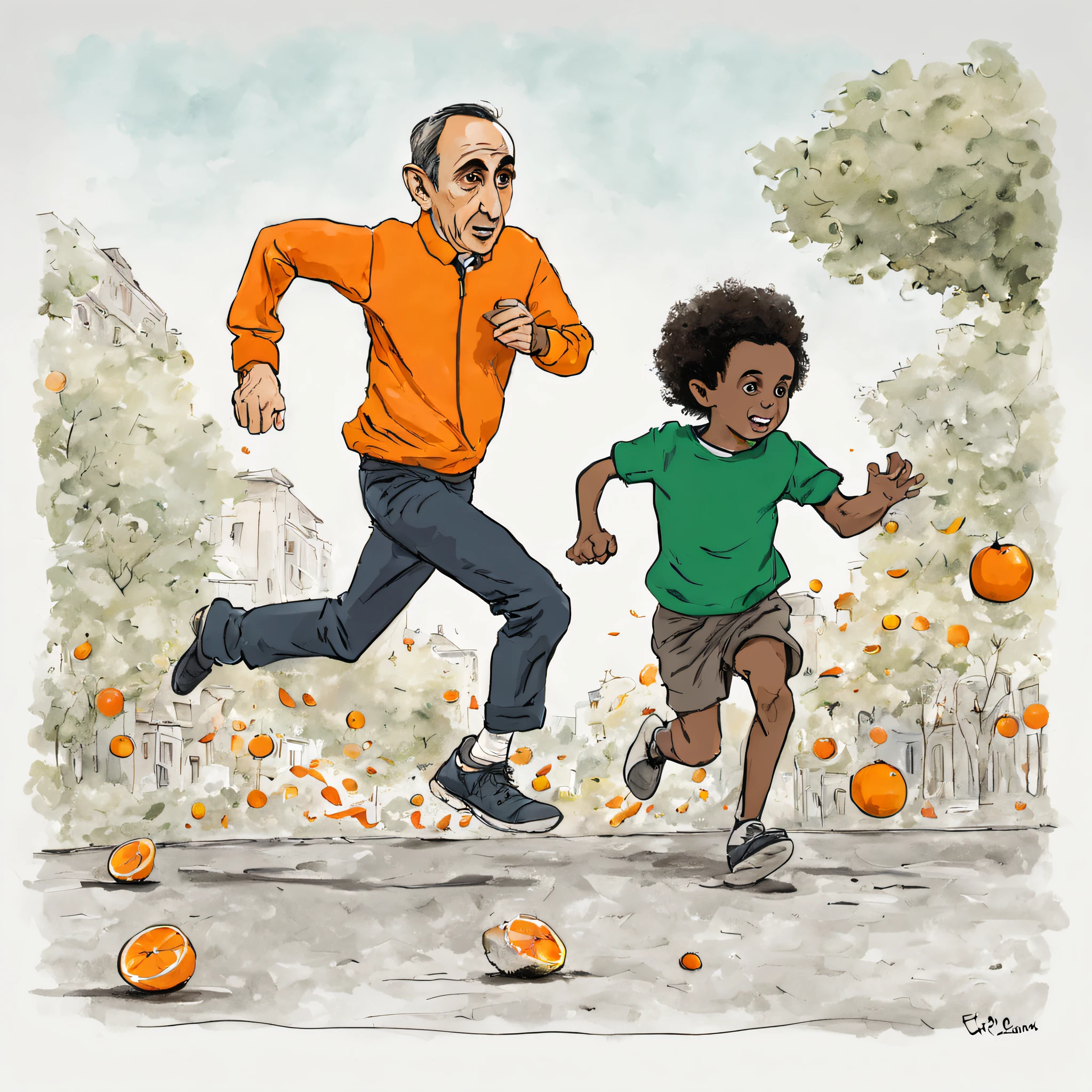 dessin en couleur, Eric Zemmour running to steal an orange from a black