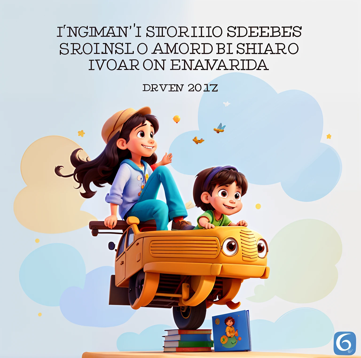 alegres e sorridentes, gargalhando Disney Pixar Estilo, avatar dos desenhos animados, There's a drawing of a boy with a wide smile and an aviator hat and a girl showing her teeth riding in an airplane built of paper and positioned on top of a stack of books, illustration of children's books, illustration for children, children illustration, cute storybook illustration, arte do livro infantil, story book illustration, colorful kids book illustration