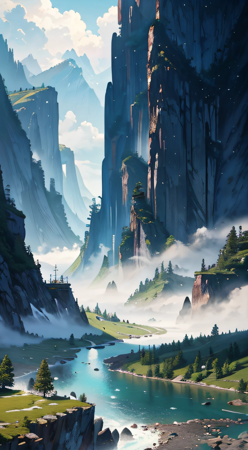 scenecy，Between mountains and rivers，surrounded by cloud、（Very detailed CG unity 8K wallpaper），Professional majestic oil painting，iintricate，high detal，sharp fokus，dramatics，Realistic painting art