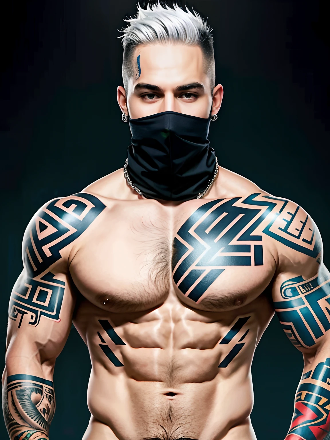 solid color backdrop,One person wears a ski mask(Without a hat!!!),Handsome,rogue,Sense of oppression,Full body photo,Don't take a headshot,Punk head,Hair color is white,Upper body nudity,Tattooed with,Muscular,rule 34