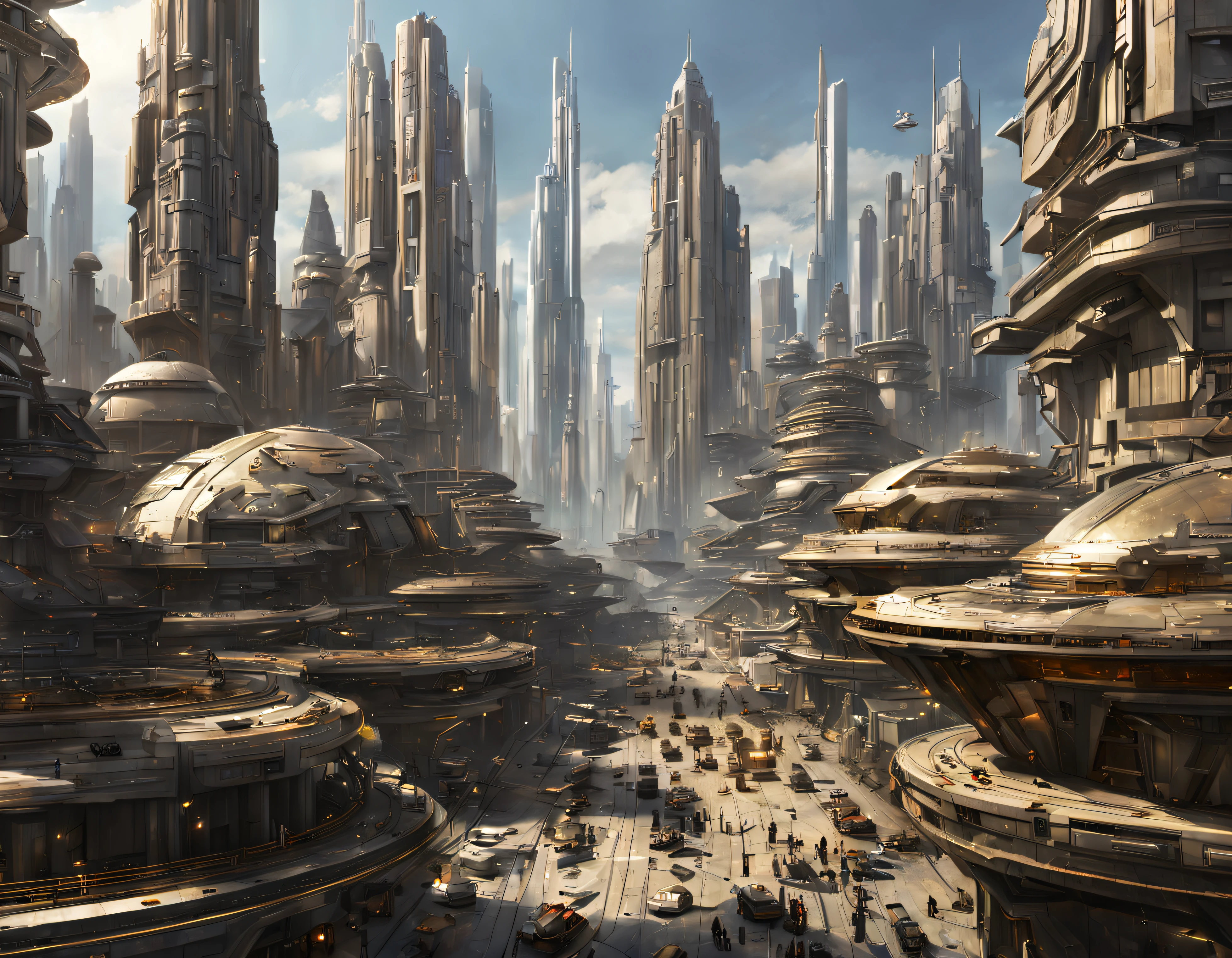 The city of Coruscant from Star Wars as designed by Doug Chiang, futuristic fantasy city with immense buildings of technological design (que forman una avenida infinita), edificios compactor no difuminados, con estructuras acristaladas en plata, oro y bronce espectaculares, (con colores vivos). pavimento ensolado (sin brillo). gente paseando. imagen bien definida con muchos edificios juntos. imagen nitida bien definida 8k. los edificios llegan alta el fondo.,8k. imagen cinematografica.