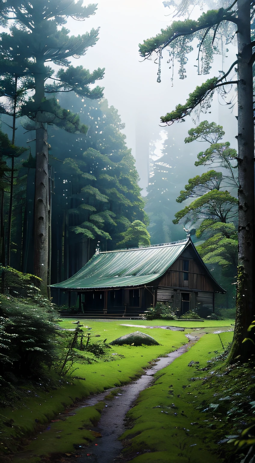 scenecy,(mont、(In the deep forest、Mossy)、Foggy、Disturbing atmosphere)、Farmhouse under big trees,Capture light and shadow, Artistry,