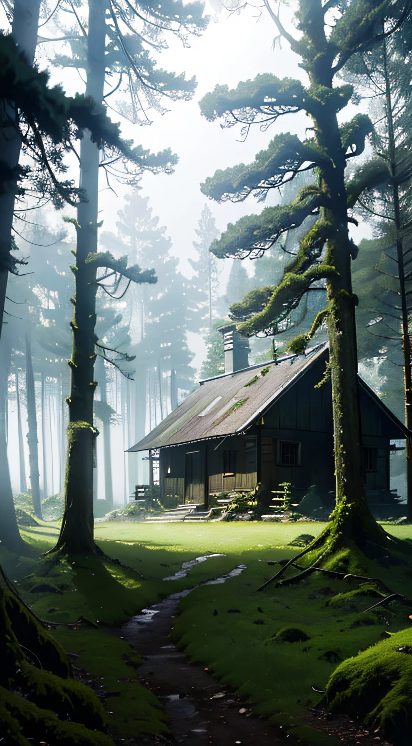 scenecy,(mont、(In the deep forest、Mossy)、Foggy、Disturbing atmosphere)、Farmhouse under big trees,Capture light and shadow, Artistry,